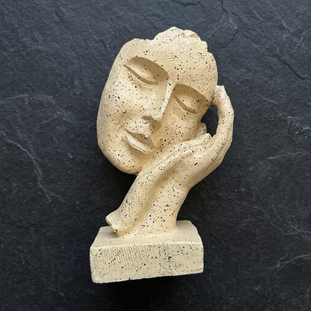 Abstract Face Resting on Hand Sculpture – Minimalist Polyresin Statue with Stone Texture – Neutral Art Decor for Shelf, Office, or Meditation Space - GegoCraft