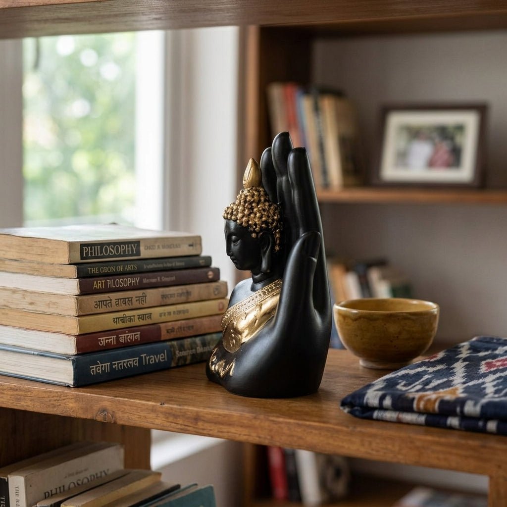 Divine Blessing Buddha Figurine – Hand - Finished Black & Gold Statue - GegoCraft