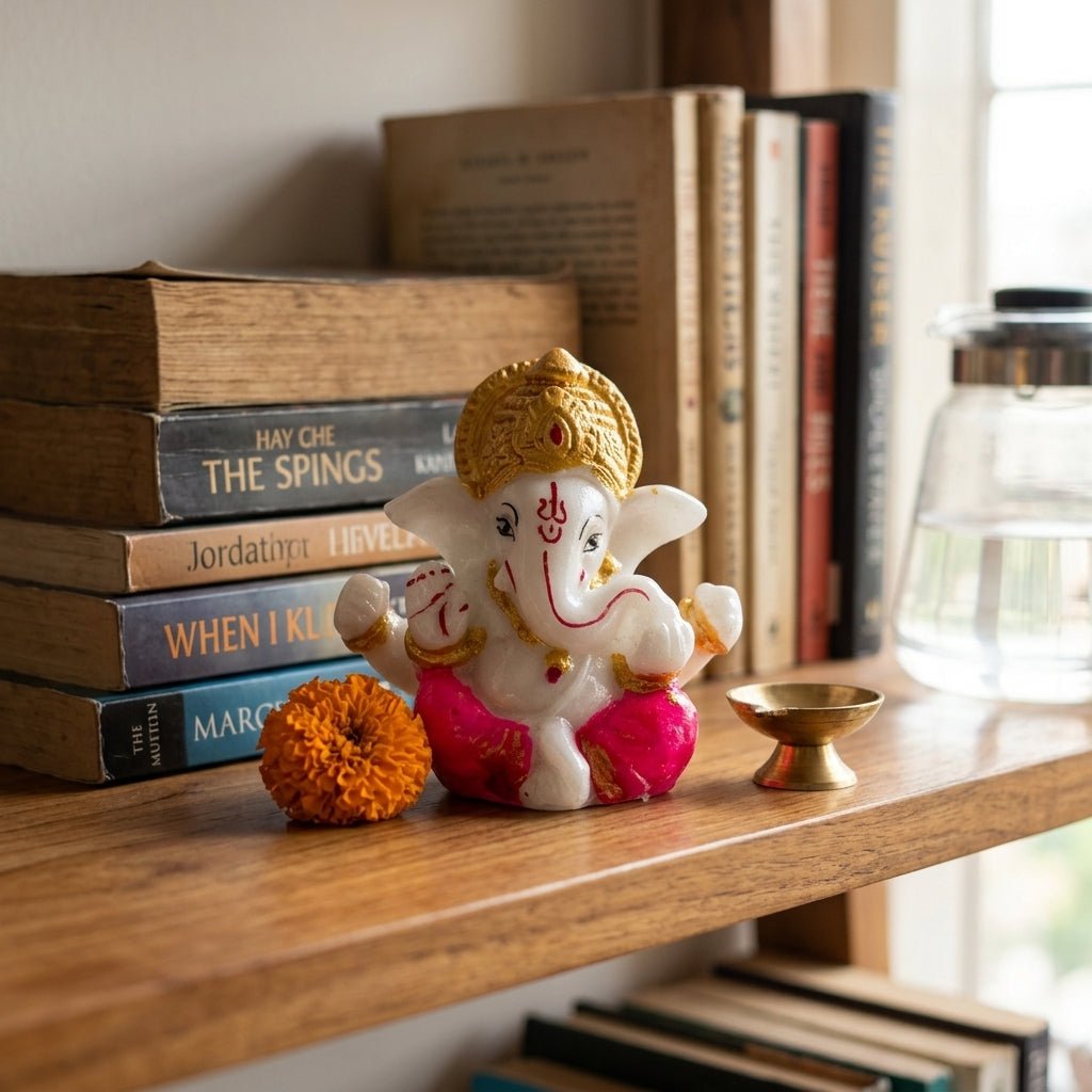 GegoCraft Lord Ganesha Idol for Car Dashboard & Home Mandir - Small Resin Ganesh Ji Murti for Pooja, Office Desk & Gifting | Hand - Painted Spiritual Showpiece (Red/Pink) - GegoCraft