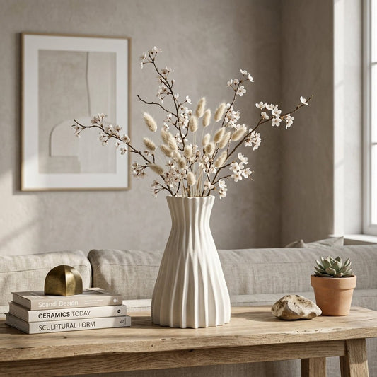GegoCraft Modern Pleated Ceramic Flower Vase - Origami Style Ribbed Decorative Vase for Living Room & Office | Minimalist White Nordic Pot for Pampas Grass & Fresh Bouquets (Matte White) - GegoCraft