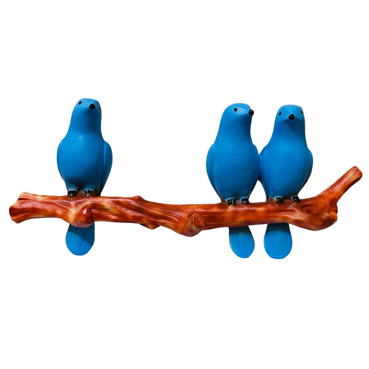 Wall Hanging Blue Bird Sculpture – Polyresin Decorative Art with 3 Birds on Branch – Cheerful Wall Accent for Living Room, Balcony, or Nursery - Riserra