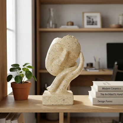 Abstract Face Resting on Hand Sculpture – Minimalist Polyresin Statue with Stone Texture – Neutral Art Decor for Shelf, Office, or Meditation Space - GegoCraft