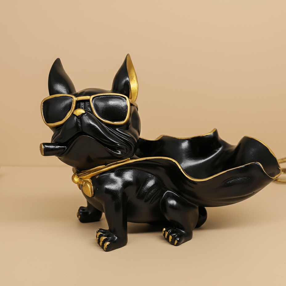 Bulldog Decorative Tray Holder – Black and Gold Dog Figurine with Cape Bowl – Funky Polyresin Desk Organizer for Keys, Candy, or Coins - GegoCraft