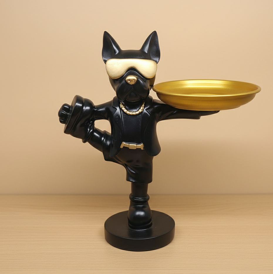 Luxury Dog Butler Statue with Removable Gold Tray – Black Polyresin Decor Tray Holder for Candy, Coins, or Keys – Cool Dressed Dog Figurine for Entryway or Office