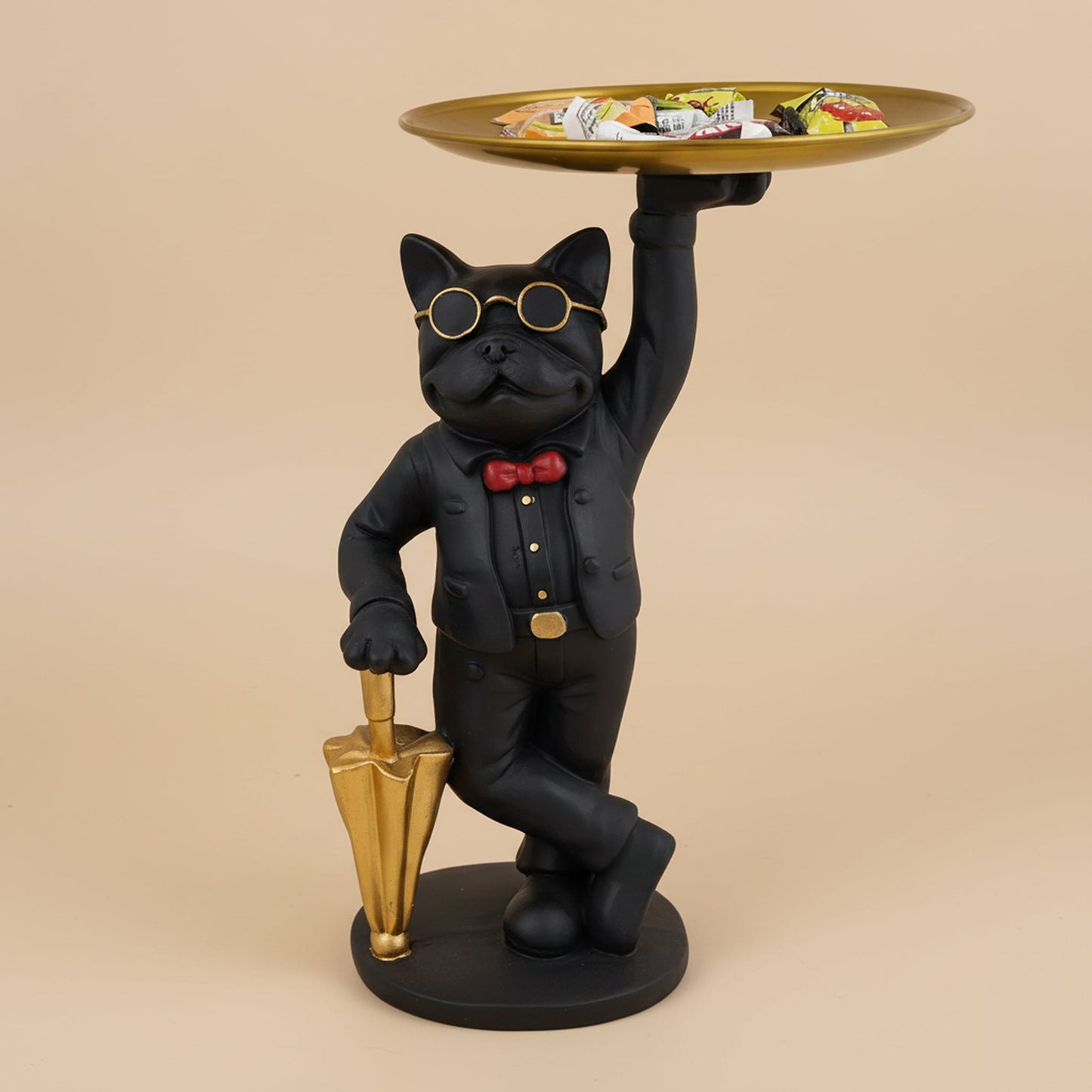 Butler Dog Statue – Bulldog Candy & Key Holder for Entryway or Table – Black, Gold & Red - GegoCraft