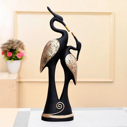 Crane Couple Showpiece for Home Decor | Black and Gold Polyresin Bird Statue for Table Shelf Wedding Gift Accent - Riserra