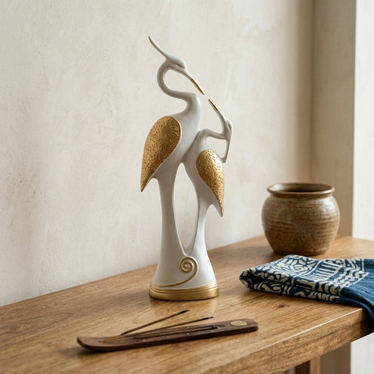 Crane Couple Showpiece for Home Decor | Black and Gold Polyresin Bird Statue for Table Shelf Wedding Gift Accent - GegoCraft