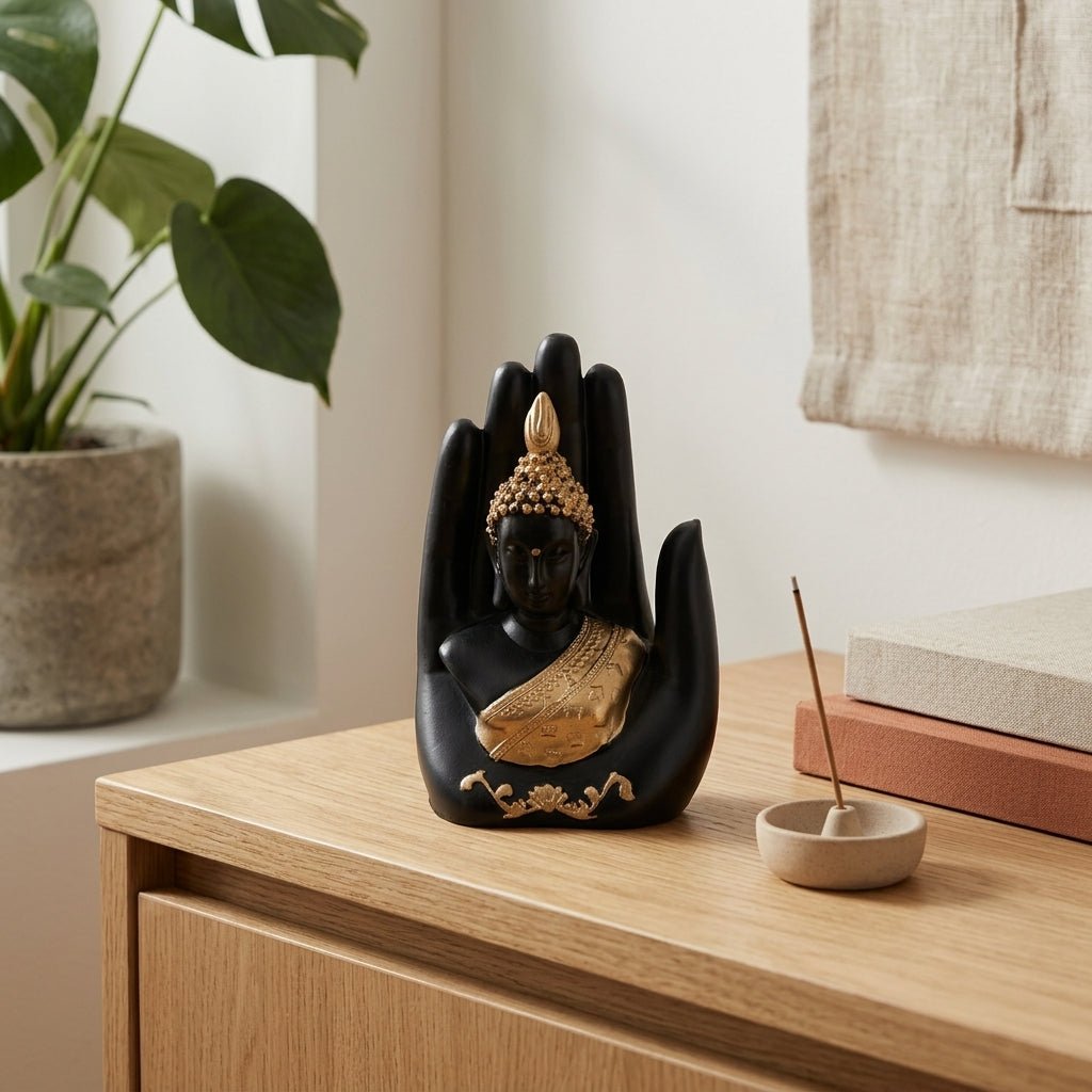 Divine Blessing Buddha Figurine – Hand - Finished Black & Gold Statue - GegoCraft