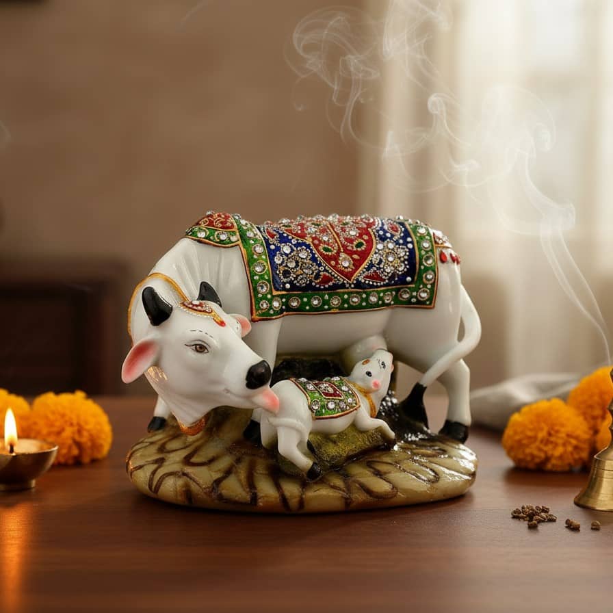 Elegant Cow & Calf Polyresin Idol – Auspicious Home & Office Decor Showpiece - GegoCraft