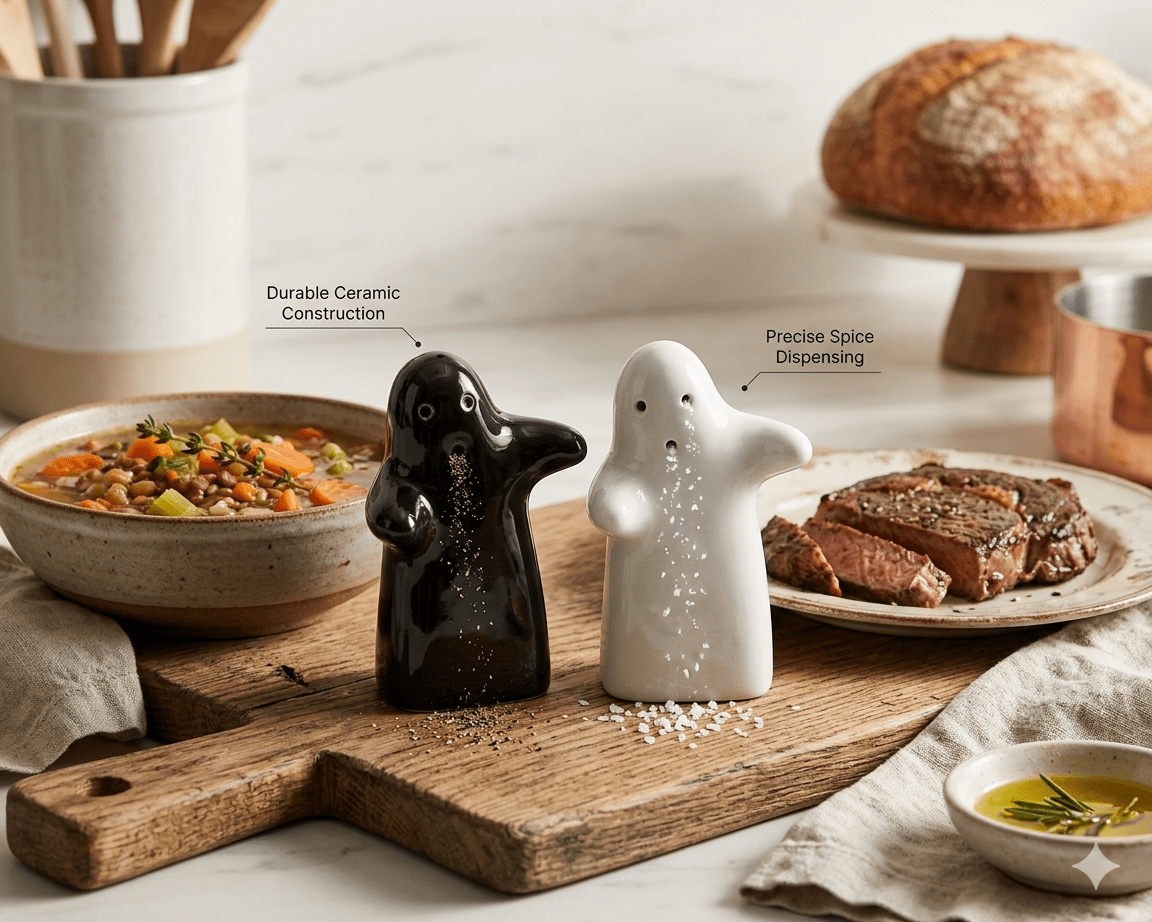 GegoCraft Ceramic Ghost Salt and Pepper Shakers – 2 Piece Set - GegoCraft