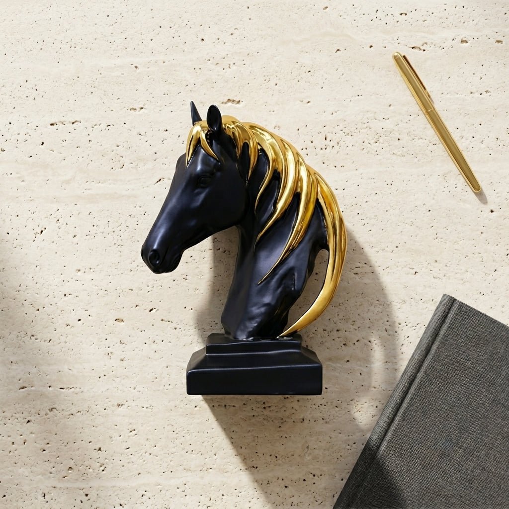GegoCraft Decorative Black Horse with Gold Hair – Stylish Showpiece - GegoCraft