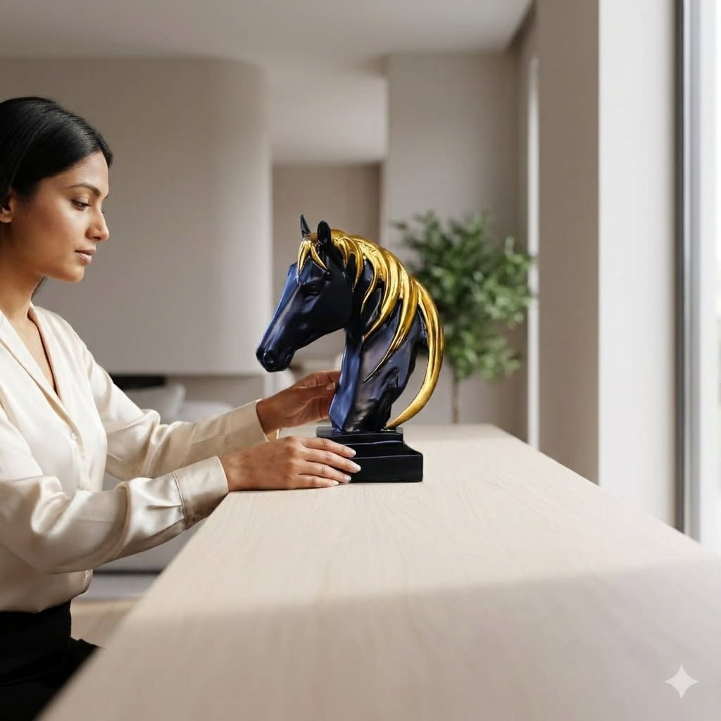 GegoCraft Decorative Black Horse with Gold Hair – Stylish Showpiece - GegoCraft
