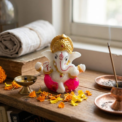 GegoCraft Lord Ganesha Idol for Car Dashboard & Home Mandir - Small Resin Ganesh Ji Murti for Pooja, Office Desk & Gifting | Hand - Painted Spiritual Showpiece (Red/Pink) - GegoCraft