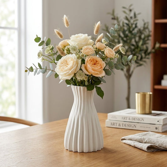 GegoCraft Modern Pleated Ceramic Flower Vase - Origami Style Ribbed Decorative Vase for Living Room & Office | Minimalist White Nordic Pot for Pampas Grass & Fresh Bouquets (Matte White) - GegoCraft
