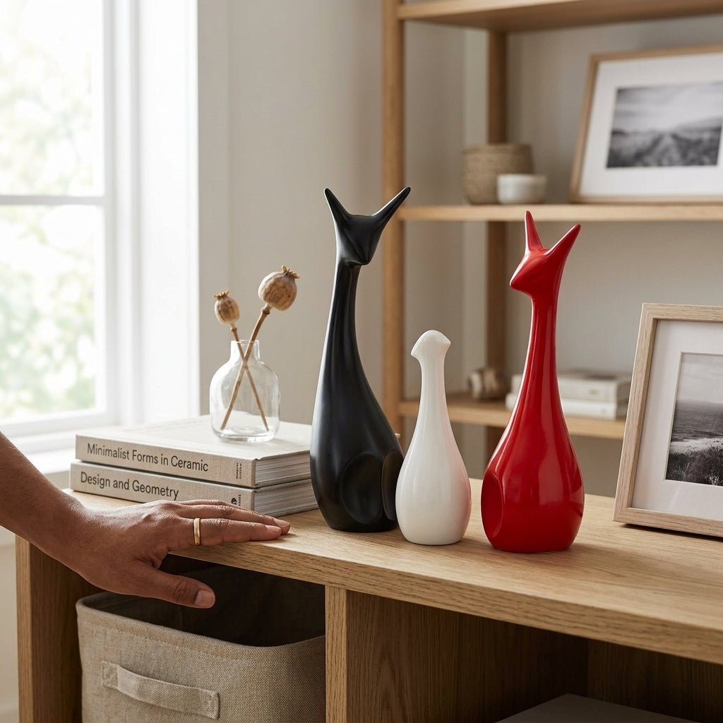 Modern Abstract Ceramic Cat Figurines – Set of 3 Minimalist Home Decor Accents (Black, White, & Red) - GegoCraft