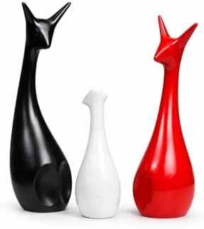 Modern Abstract Ceramic Cat Figurines – Set of 3 Minimalist Home Decor Accents (Black, White, & Red) - GegoCraft