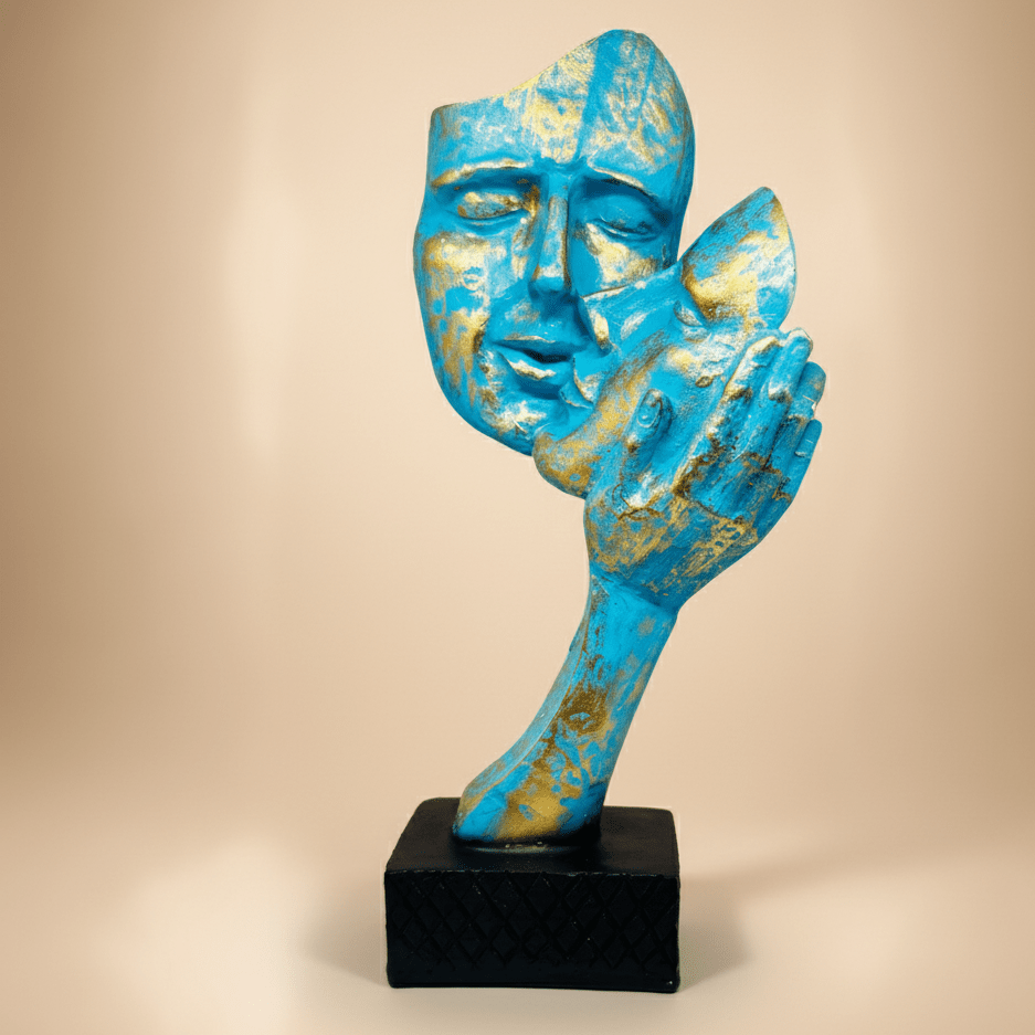 Modern Abstract Face Mask Sculpture – Blue and Gold Polyresin Art Statue for Desk, Shelf, or Entryway – Conceptual Home Décor Accent on Black Base - GegoCraft