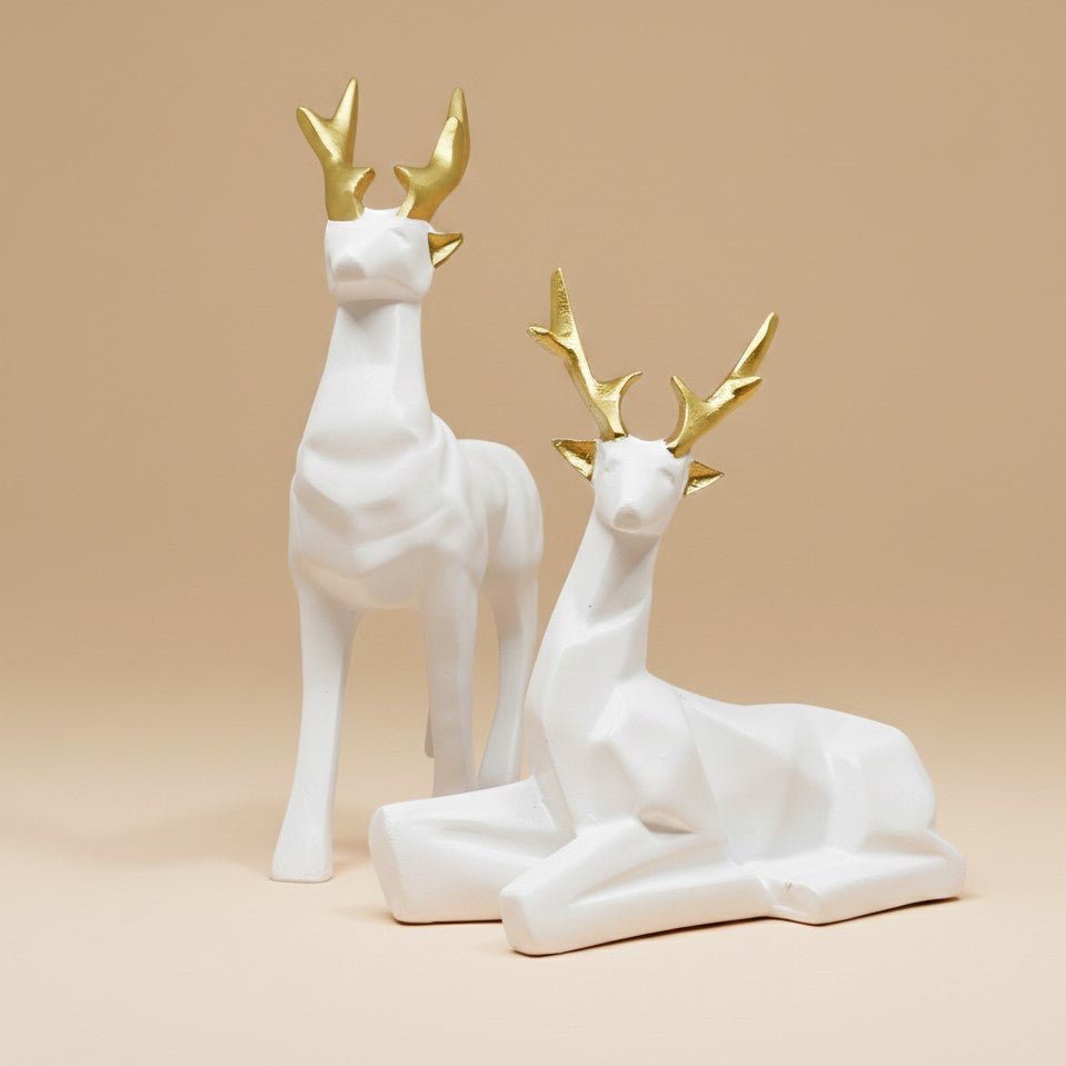 Modern Deer Figurine Set – 2 - Piece Geometric White and Gold Polyresin Sculptures – Contemporary Home Décor Accents for Shelf, Mantel, or Tabletop Display - GegoCraft