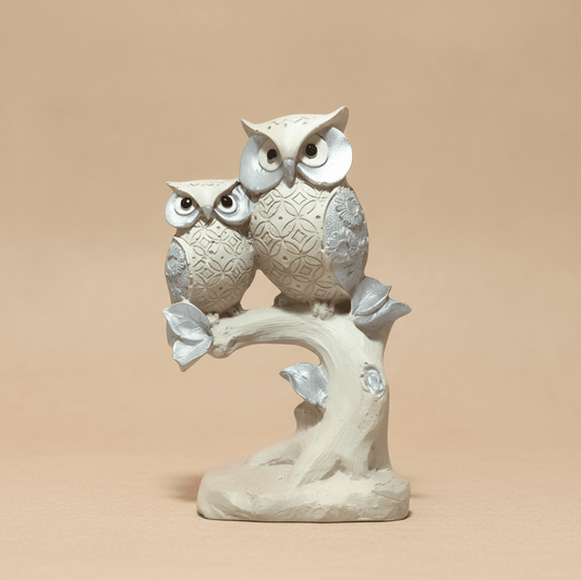Parent and Baby Owl Figurine – Decorative Polyresin Sculpture with Tree Branch Base – White & Gray Animal Accent for Shelf, Entryway, or Nursery - GegoCraft