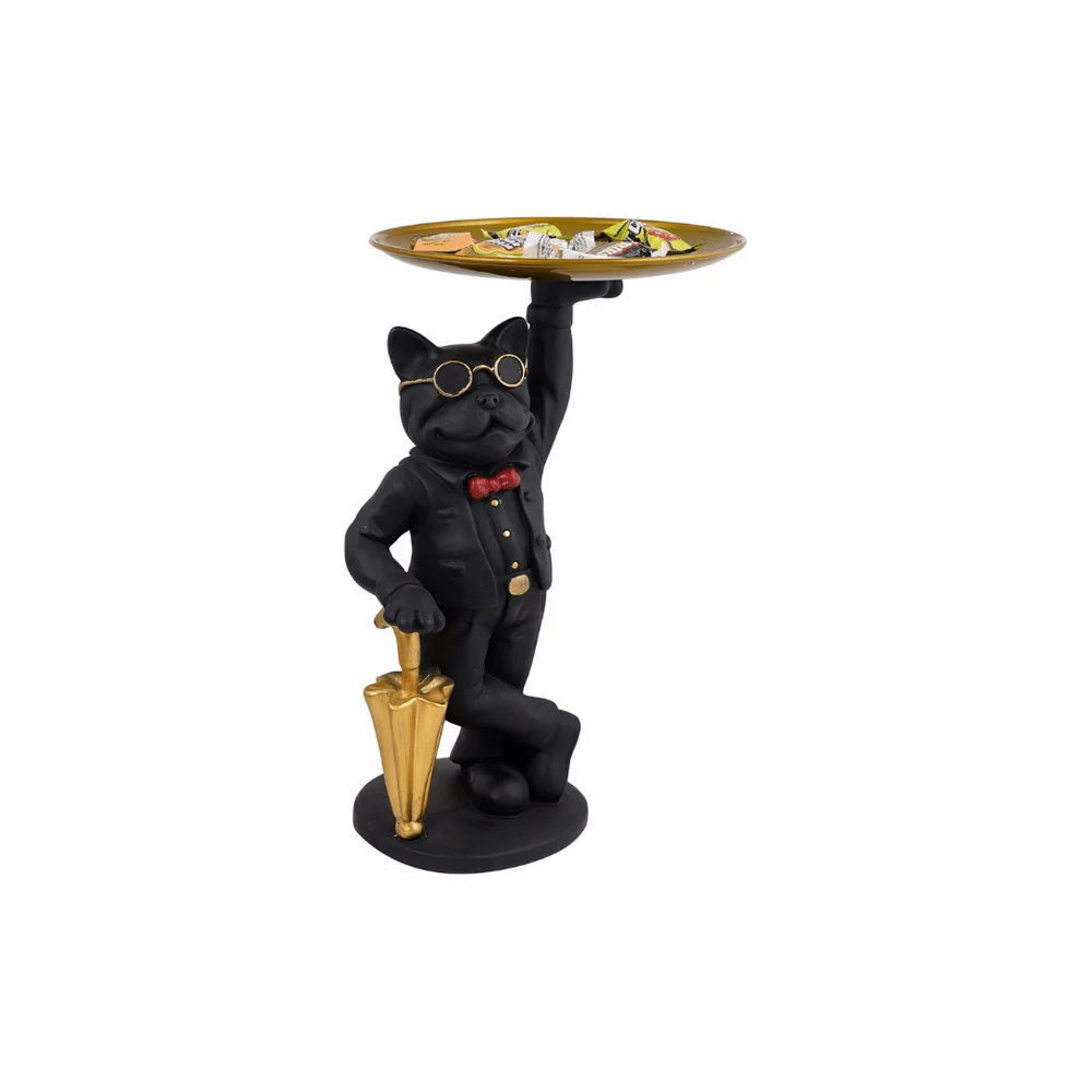 Polyresin Butler Dog Tray Statue – Quirky Bulldog Candy & Key Holder for Entryway or Table – Decorative Animal Figurine with Serving Tray – Black, Gold & Red - Riserra