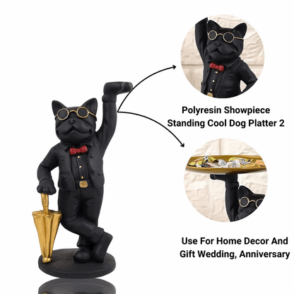 Polyresin Butler Dog Tray Statue – Quirky Bulldog Candy & Key Holder for Entryway or Table – Decorative Animal Figurine with Serving Tray – Black, Gold & Red - Riserra