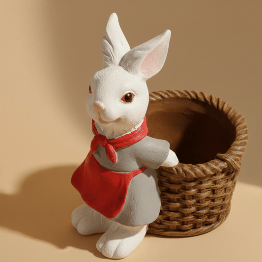 Polyresin Rabbit Planter – Cute Bunny Figurine with Basket Pot – Mini Animal Planter for Succulents, Herbs, or Desk Storage – Garden or Tabletop Decor Accent - GegoCraft