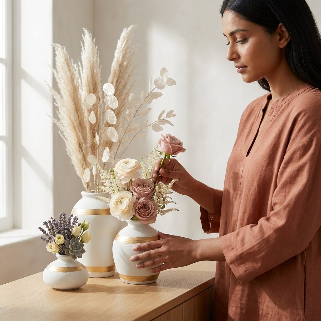 Royal Gold Trio – Set of 3 Ceramic Flower Vases - GegoCraft