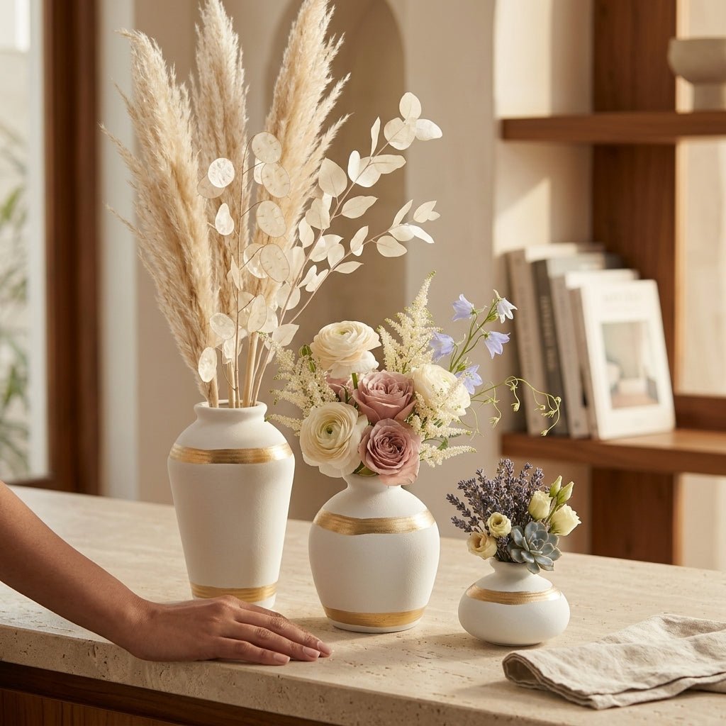 Royal Gold Trio – Set of 3 Ceramic Flower Vases - GegoCraft