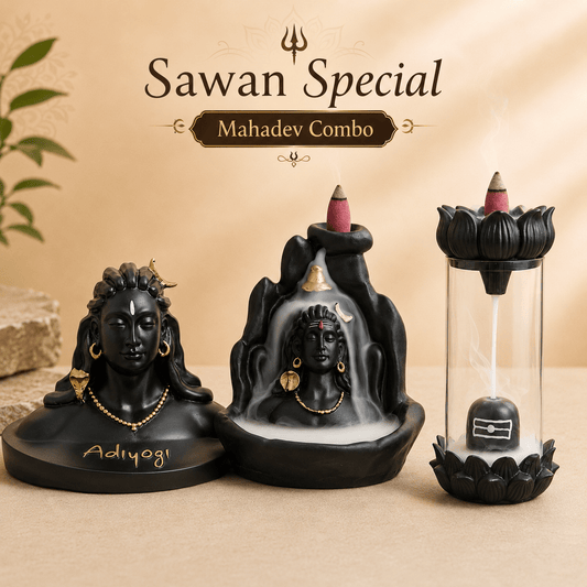 Sawan Special Mahadev Combo – Adiyogi Idol & Shiva Backflow Incense Holders Set of 3 - GegoCraft
