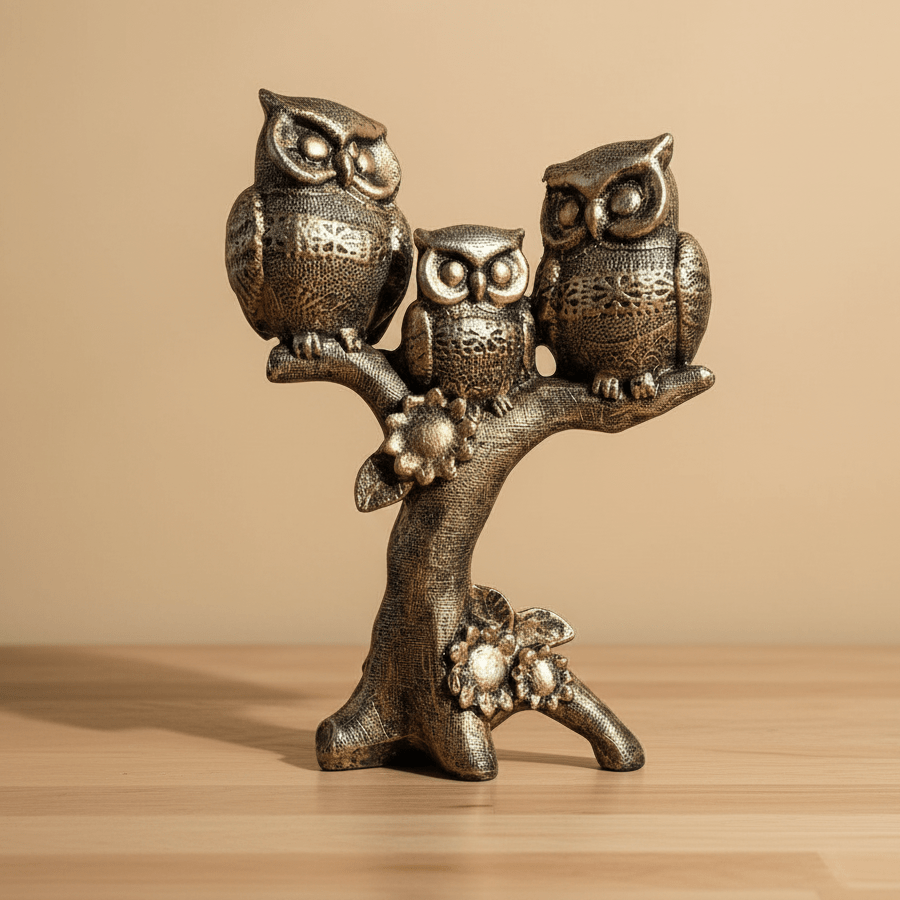Trio Owl Sculpture on Tree Branch – Elegant Polyresin Showpiece for Home & Office Decor - GegoCraft
