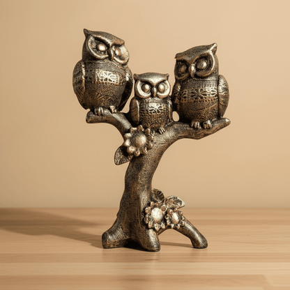 Trio Owl Sculpture on Tree Branch – Elegant Polyresin Showpiece for Home & Office Decor - GegoCraft