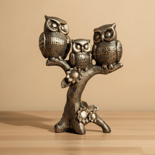 Trio Owl Sculpture on Tree Branch – Elegant Polyresin Showpiece for Home & Office Decor - GegoCraft