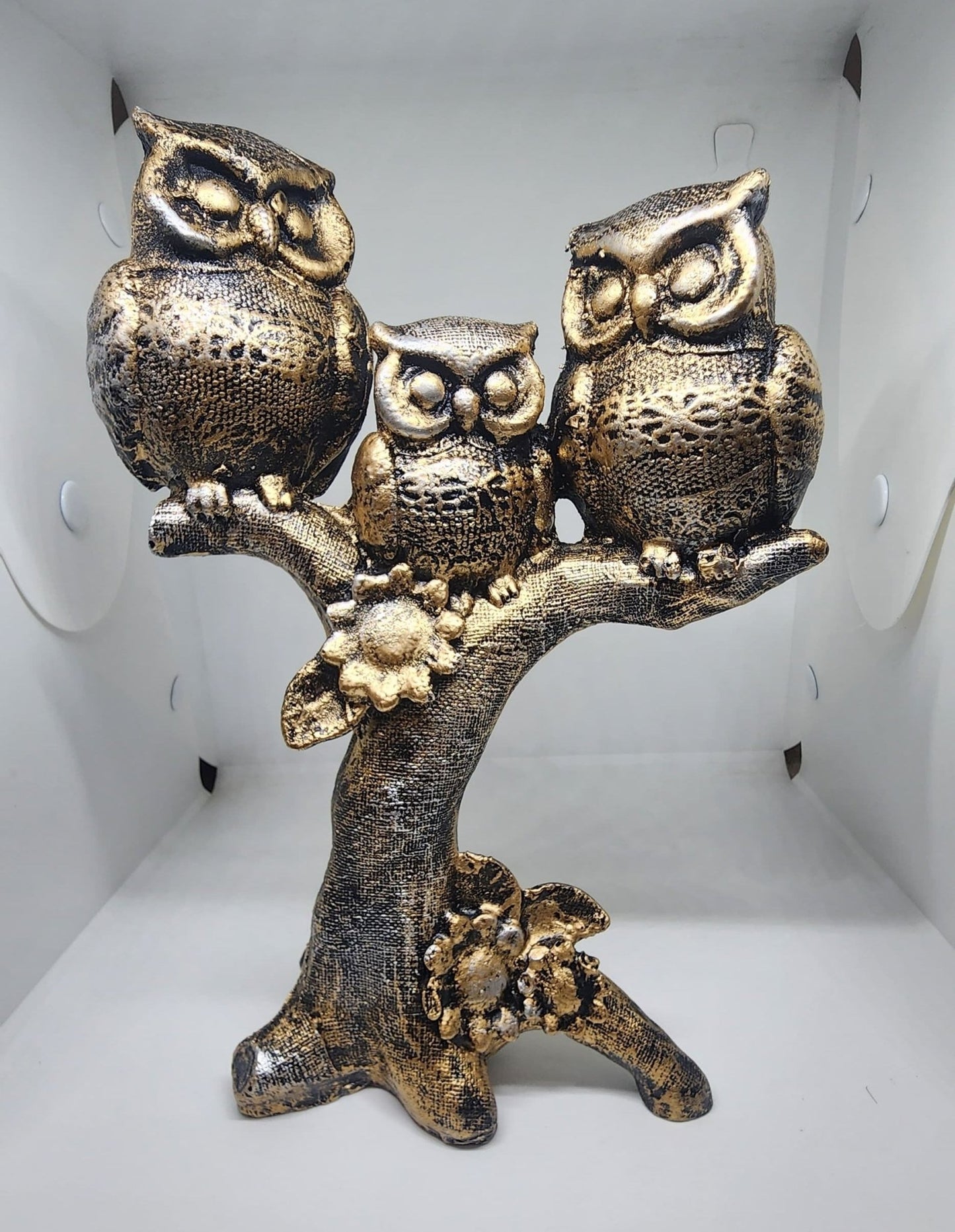 Trio Owl Sculpture on Tree Branch – Elegant Polyresin Showpiece for Home & Office Decor - GegoCraft