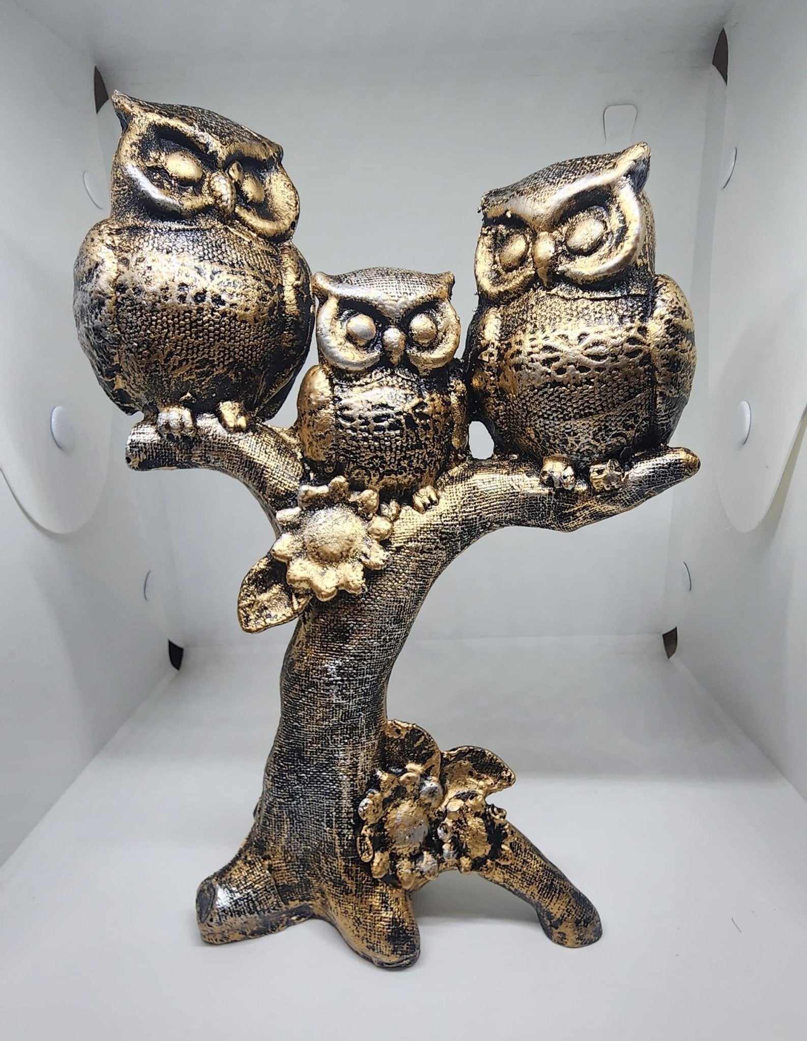 Trio Owl Sculpture on Tree Branch – Elegant Polyresin Showpiece for Home & Office Decor - GegoCraft