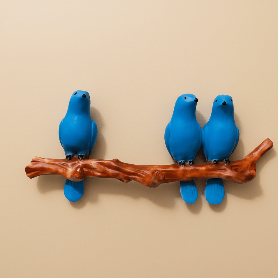 Wall Hanging Blue Bird Sculpture – Polyresin Decorative Art with 3 Birds on Branch – Cheerful Wall Accent for Living Room, Balcony, or Nursery - GegoCraft