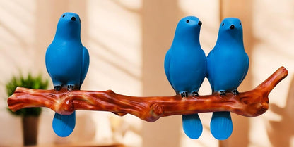 Wall Hanging Blue Bird Sculpture – Polyresin Decorative Art with 3 Birds on Branch – Cheerful Wall Accent for Living Room, Balcony, or Nursery - Riserra