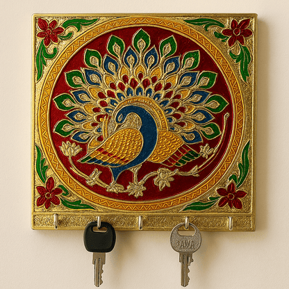Wooden Peacock Key Holder – Wall - Mounted Handcrafted Decor with 5 Hooks, Multicolour Traditional Design - GegoCraft