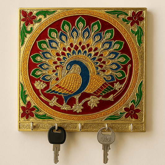 Wooden Peacock Key Holder – Wall - Mounted Handcrafted Decor with 5 Hooks, Multicolour Traditional Design - GegoCraft