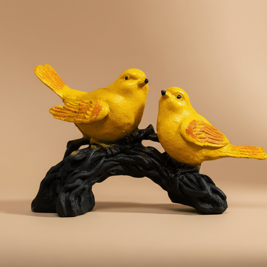 Yellow Bird Pair Figurine – Polyresin Decorative Sculpture of Birds on Branch – Bright Nature - Inspired Tabletop Decor for Living Room, Shelf, or Office - GegoCraft