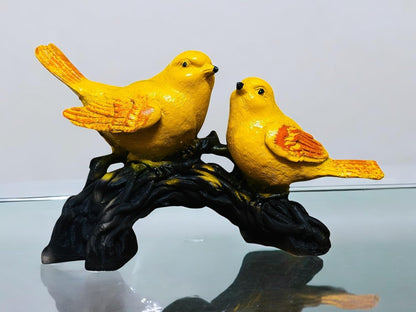 Yellow Bird Pair Figurine – Polyresin Decorative Sculpture of Birds on Branch – Bright Nature - Inspired Tabletop Decor for Living Room, Shelf, or Office - Riserra